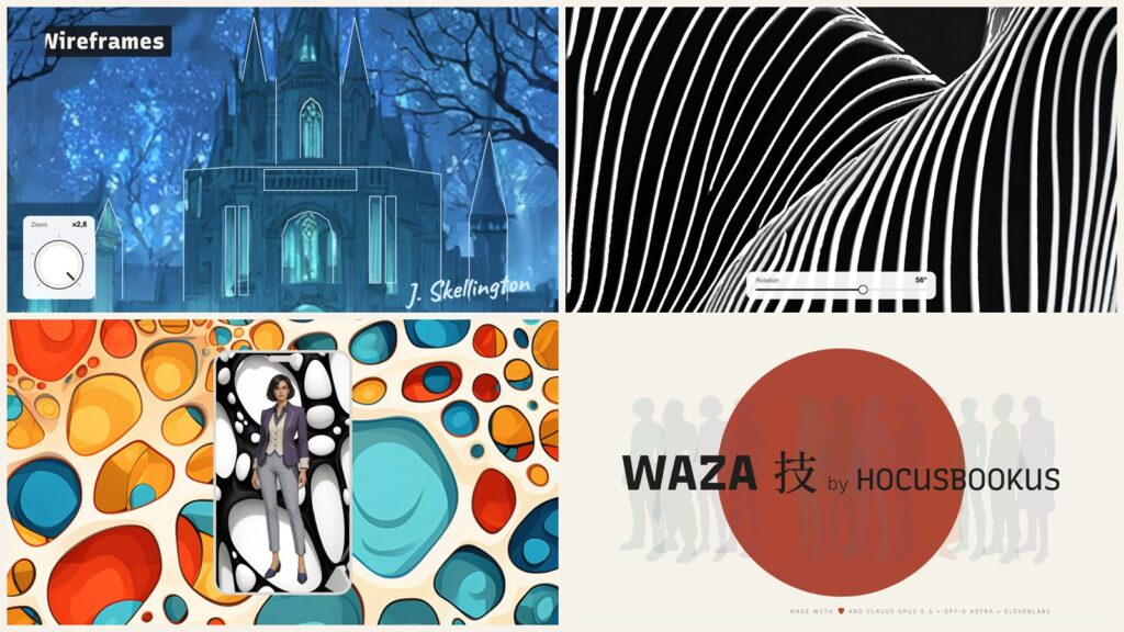 Mosaïque de quatre images du film Waza : un château en wireframes avec un bouton de zoom, des rubans noirs et blancs avec un curseur de rotation, un personnage dans un téléphone sur fond de formes colorées, et la signature WAZA by HOCUSBOOKUS