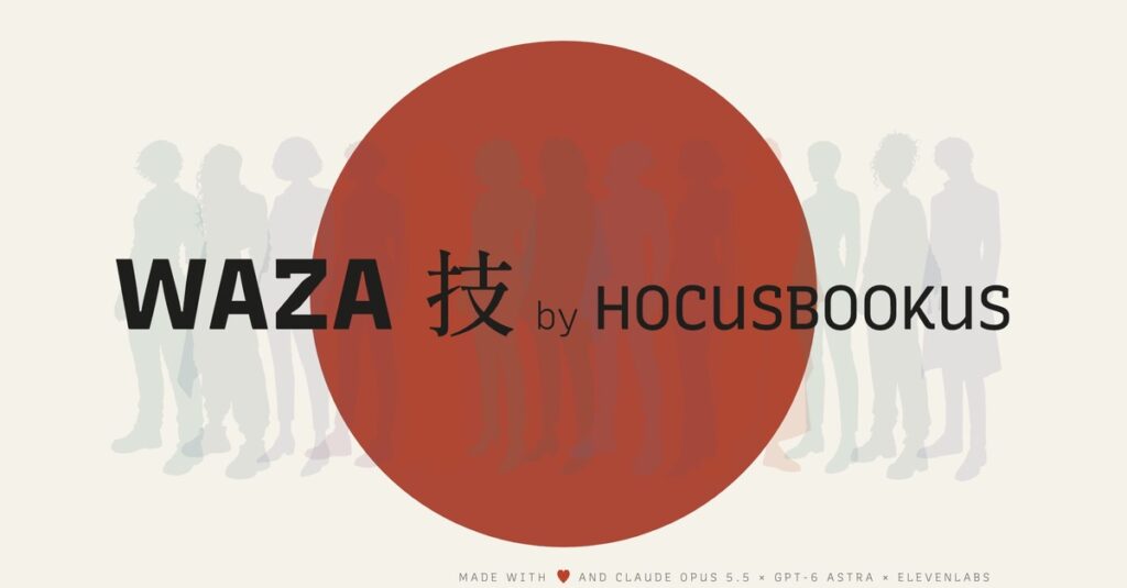 Signature WAZA 技 by HOCUSBOOKUS sur un grand cercle rouge, devant une rangée de silhouettes grises