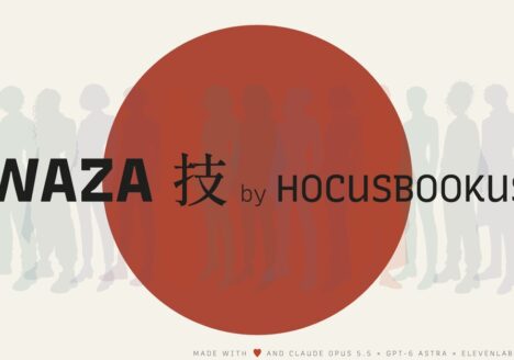 Signature WAZA 技 by HOCUSBOOKUS sur un grand cercle rouge, devant une rangée de silhouettes grises